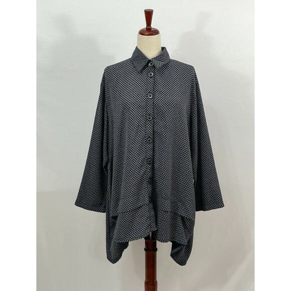 DRESS TO KILL Jane Mohr OS Navy Checkerboard Asymmetric Shirt Top Tunic - Picture 8 of 10